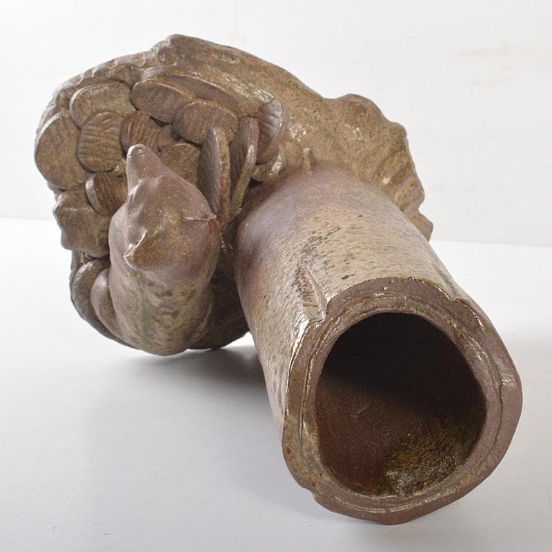 備前焼　人間国宝　金重陶陽作　犬飾り壺　花瓶　追悼30周年展冊子付　MR7258