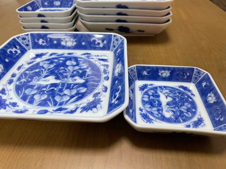 ◆深川製磁　染付オシドリ◆角深皿　5客10枚　食器