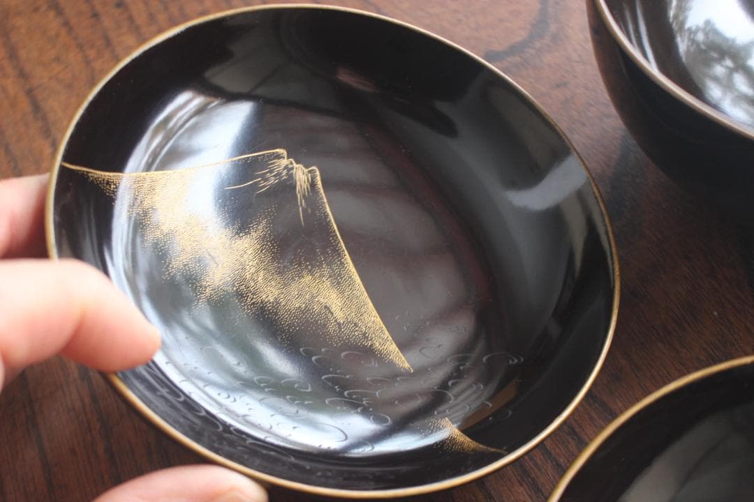 時代逸品！時代金縁黒漆に極上龍富士山沈金の映えるお椀2点（検輪島塗沈金椀懐石椀