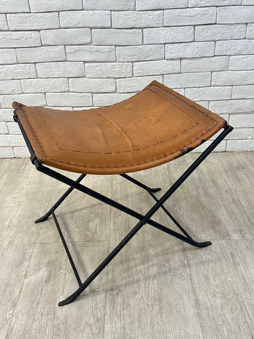 B ⭐️【全国送料無料】インダストリアル　レザー　アイアン　スツール　折りたたみ