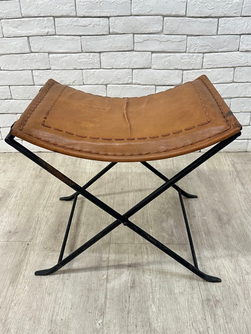 B ⭐️【全国送料無料】インダストリアル　レザー　アイアン　スツール　折りたたみ
