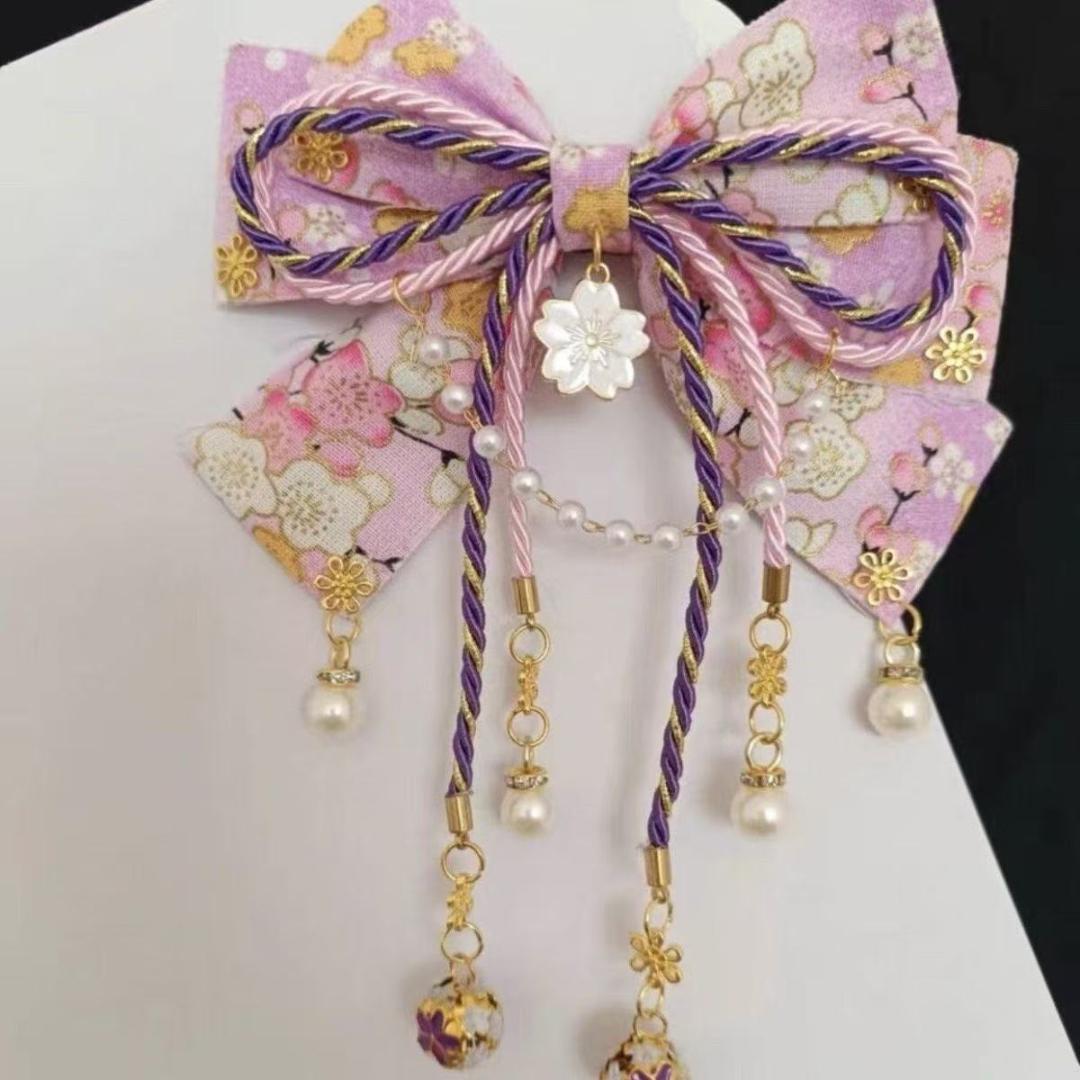 ロリータ風 桜 リボン ヘアクリップ 和装 タッセル 髪飾り