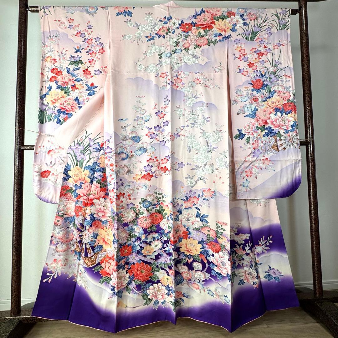 超美品　現代　振袖　成人式　着物　正絹　163裄67 ピンク　紫　パステル