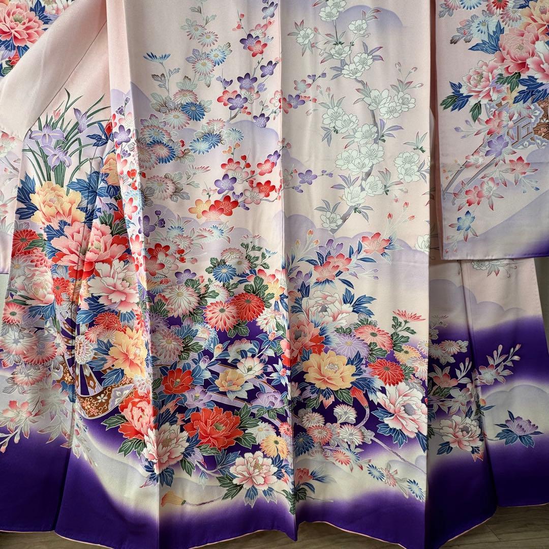 超美品　現代　振袖　成人式　着物　正絹　163裄67 ピンク　紫　パステル