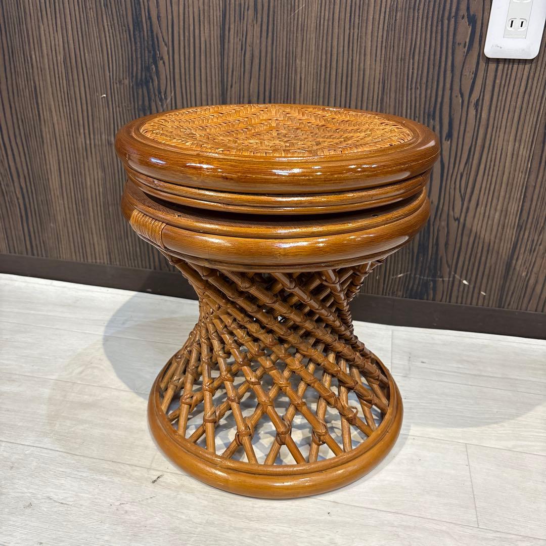 回転　ヴィンテージ 螺旋状ラタンスツール 籐 ラウンド 丸椅子 レトロ