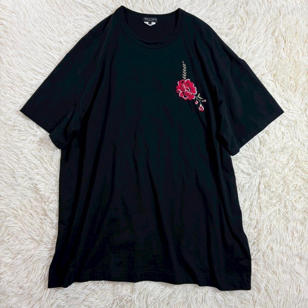 コムデギャルソンオムプリュス 刺繍Tシャツ 花柄 黒 L 日本製 AD2021