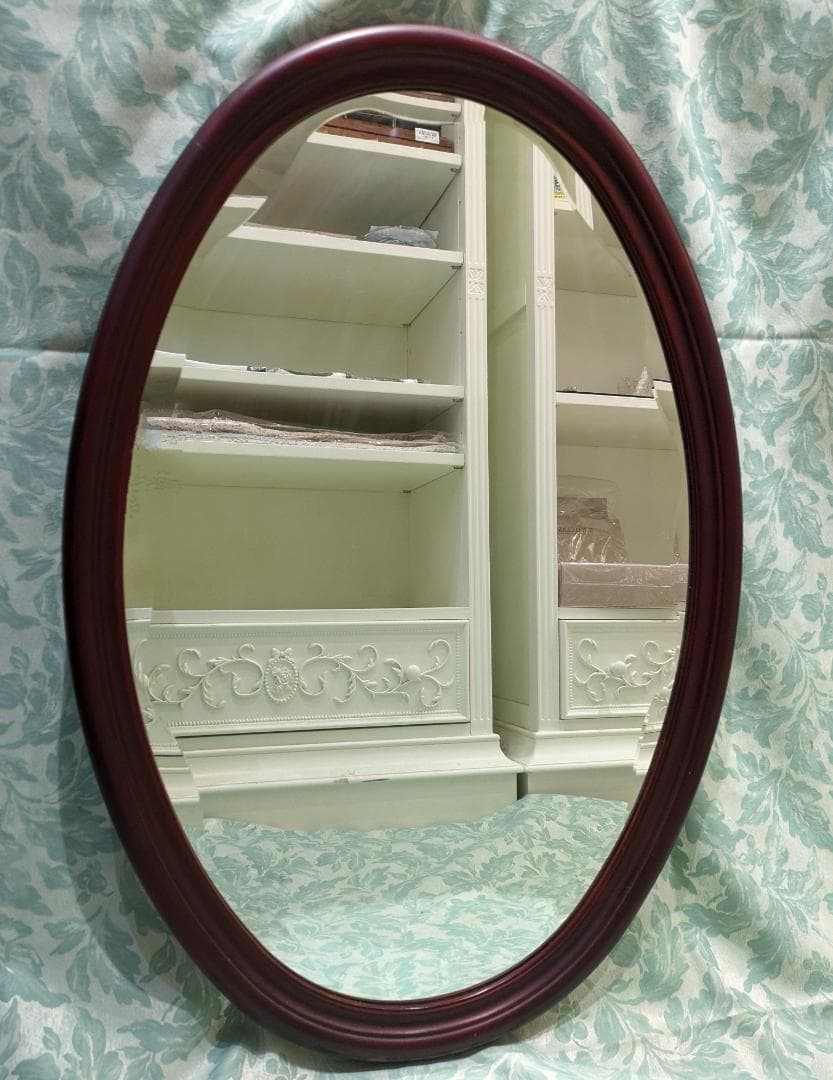 i9【極美品】 オーバルミラー カットガラス 壁掛け 木製 ミッドセンチュリー