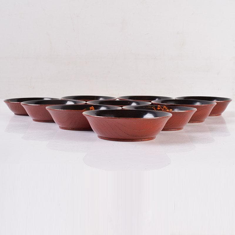 時代輪島塗　黒漆　蒔絵絵変銘々皿　木皿　十客　時代箱付　V　R8927