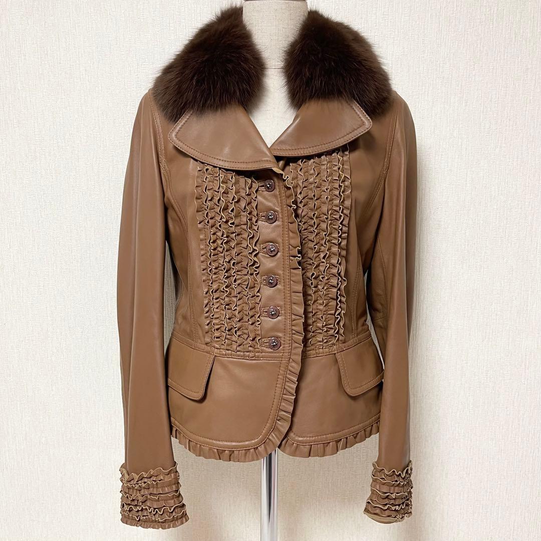 INGEBORG インゲボルグ フリル レザー ファー ジャケット ブラウン M