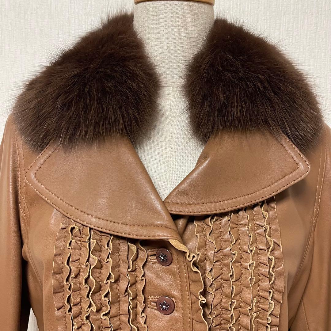 INGEBORG インゲボルグ フリル レザー ファー ジャケット ブラウン M