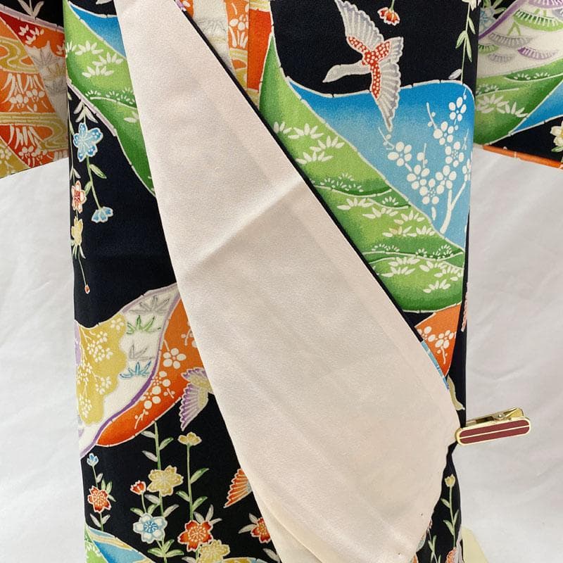 504ag70◎七五三 七歳 女児 総柄 着物&袋帯 枝垂桜鳥 黒◎美品