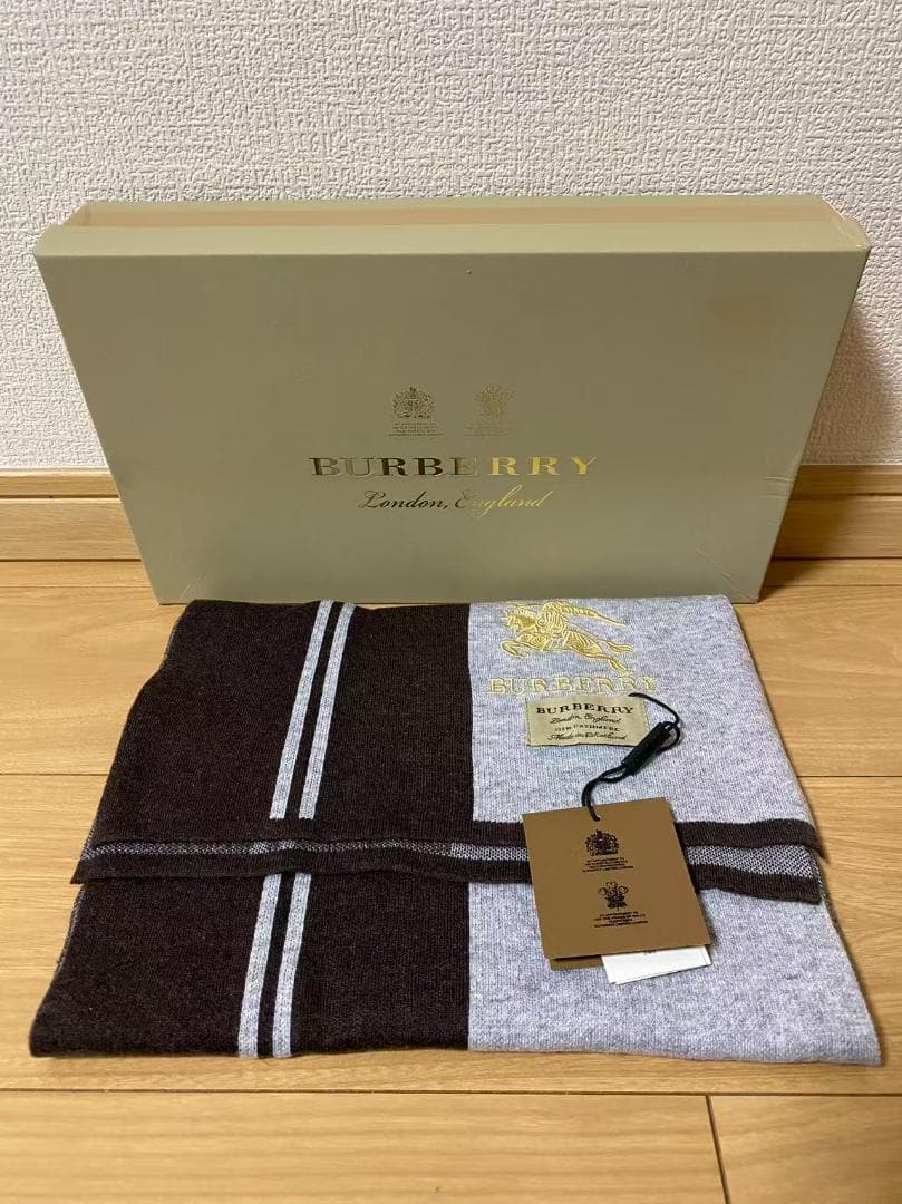 BURBERRY ナイト馬 ウールマフラー ブラウン×グレー バーバリー y