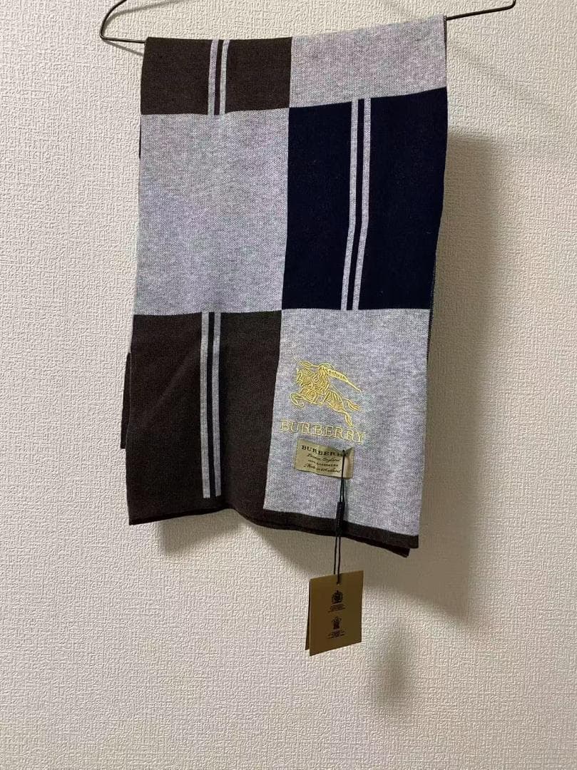BURBERRY ナイト馬 ウールマフラー ブラウン×グレー バーバリー y