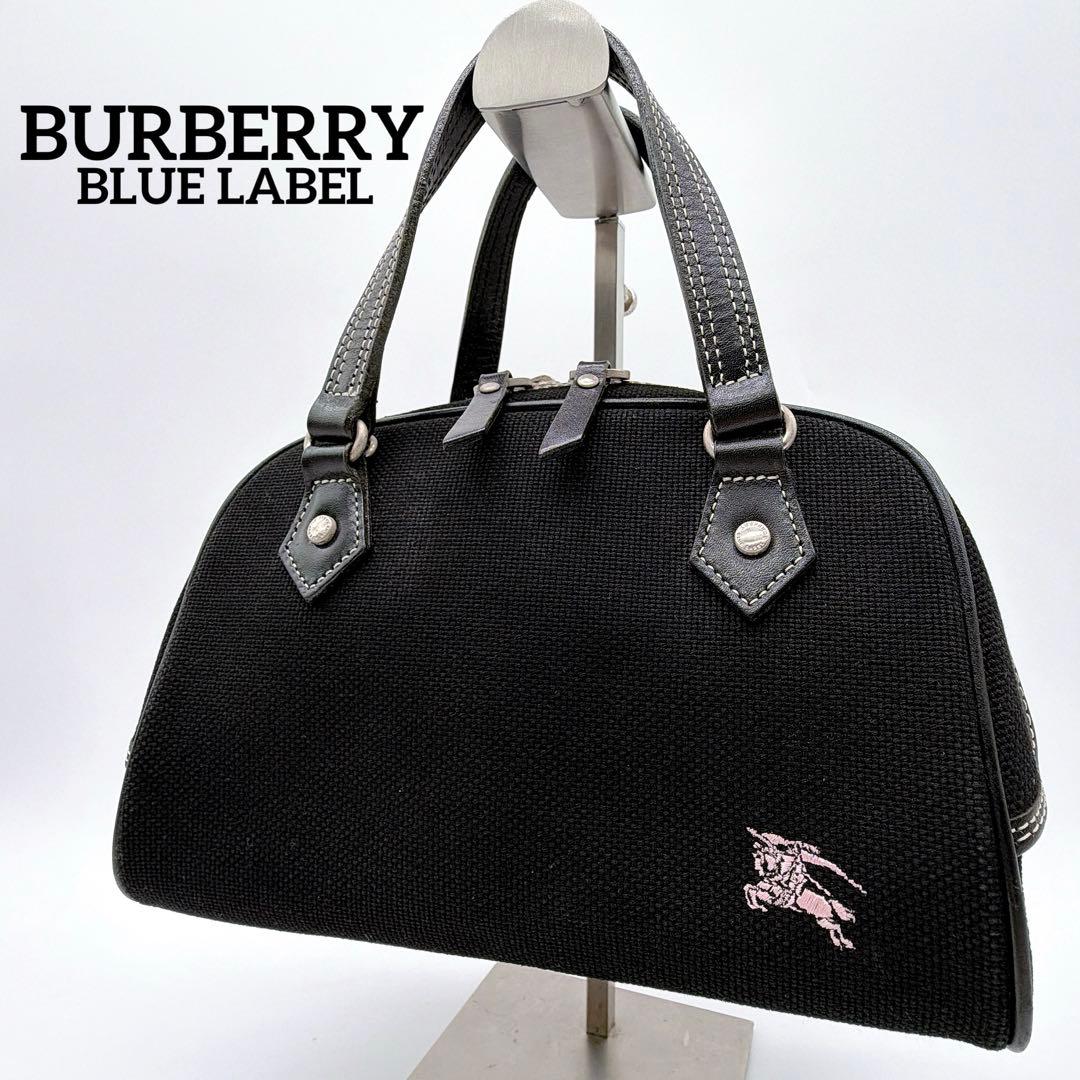 希少【バーバリーブルーレーベル】ミニボストン ハンドバッグ 黒 ピンクホース刺繍