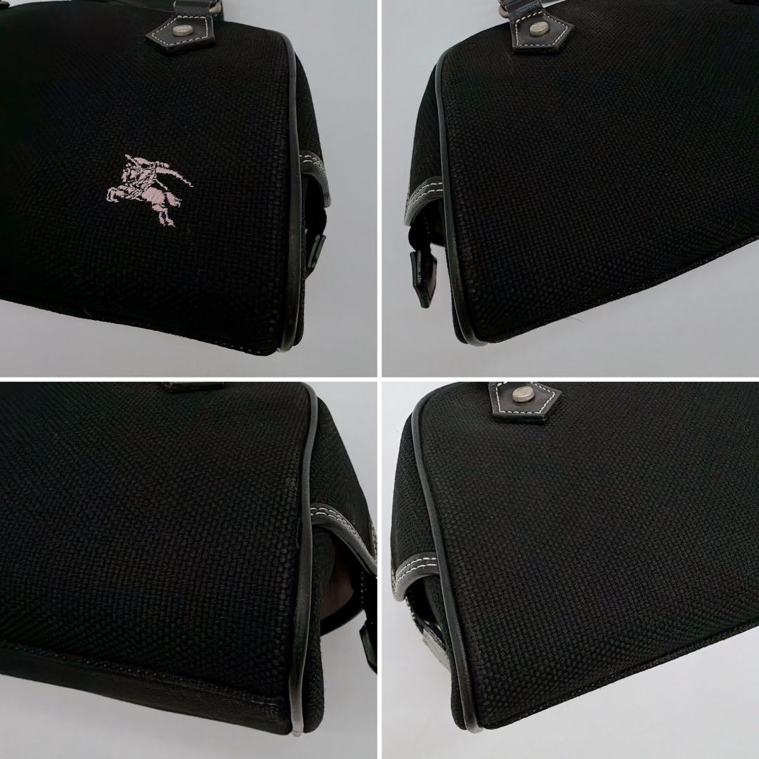 希少【バーバリーブルーレーベル】ミニボストン ハンドバッグ 黒 ピンクホース刺繍