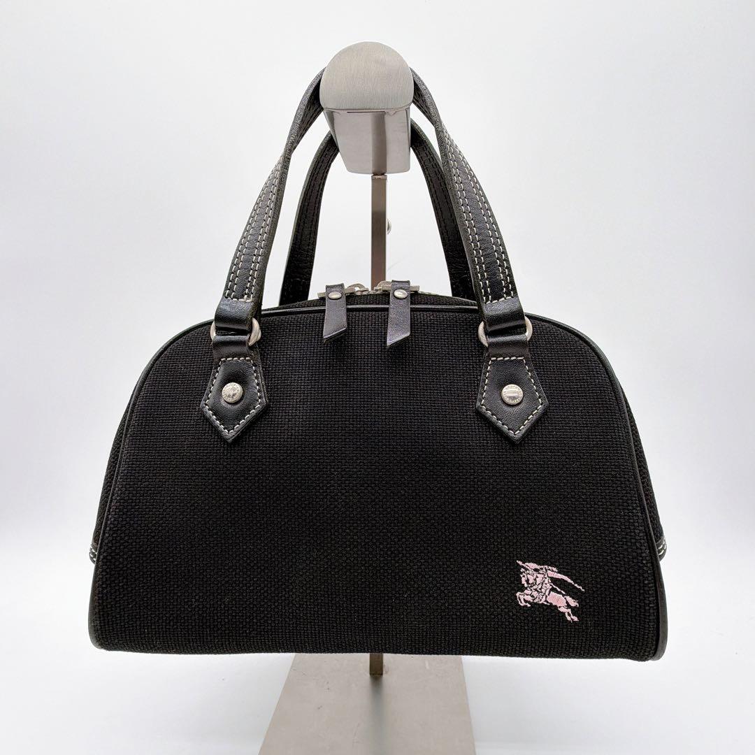 希少【バーバリーブルーレーベル】ミニボストン ハンドバッグ 黒 ピンクホース刺繍