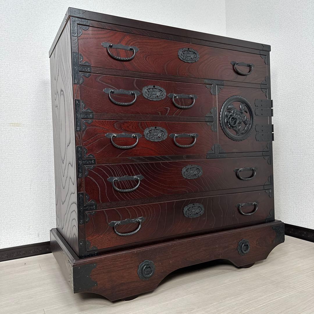 青木産業 江戸 欅 ケヤキ 5段整理箪笥 時代箪笥 チェスト 鍵付き ※iso※