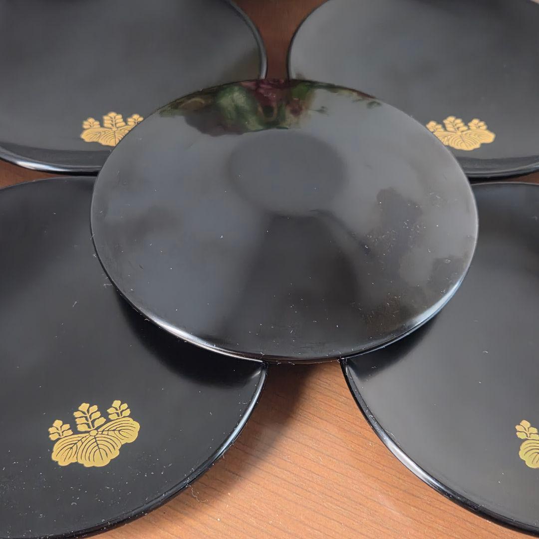 ☆家紋五三桐 輪島塗り 蓋付き椀と銘々皿と茶托の各5個セット☆