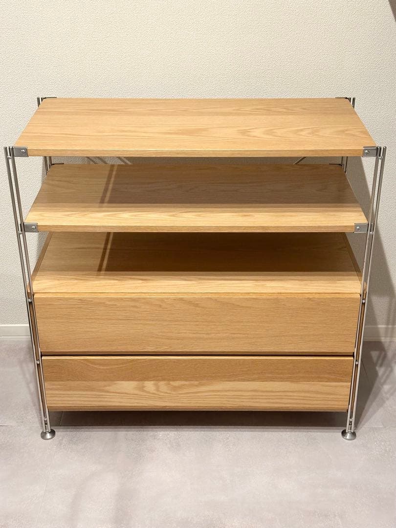 無印良品　ステンレスユニットシェルフ　オーク材棚セット　ワイド　小　引出し・２段