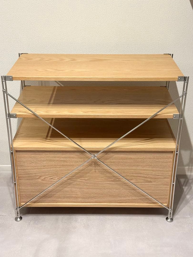 無印良品　ステンレスユニットシェルフ　オーク材棚セット　ワイド　小　引出し・２段