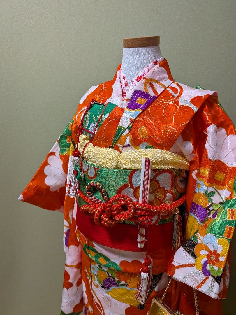 七五三　　7歳用　オレンジ花柄着物セット