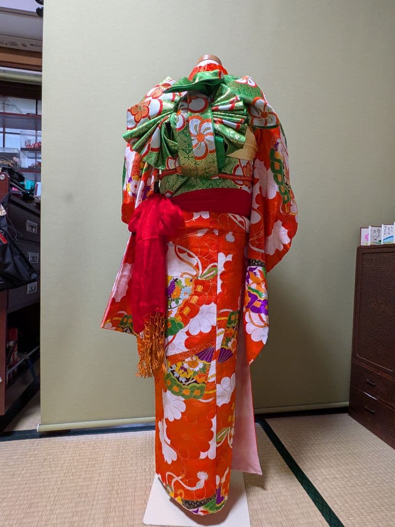 七五三　　7歳用　オレンジ花柄着物セット