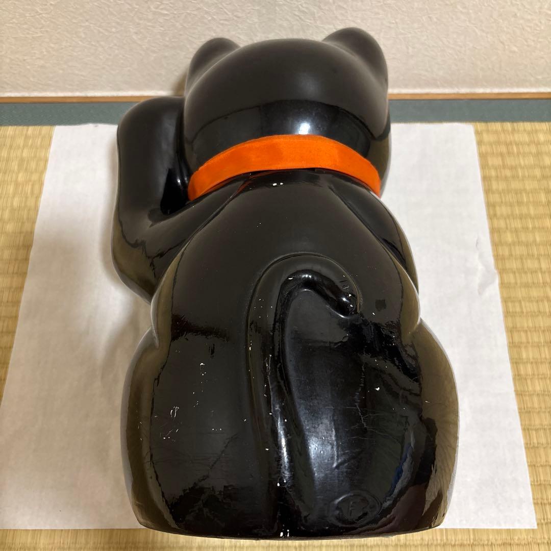 【大型 約40㎝】 招き猫 黒 左手上げ 貯金箱 レトロ 厄除け 飲食店 置物