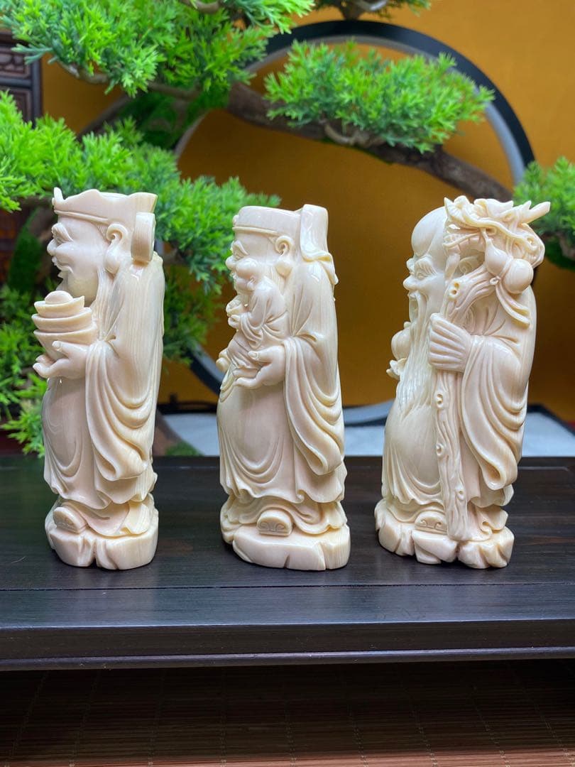天然マンモス牙美しい手作り彫刻福禄寿置物
