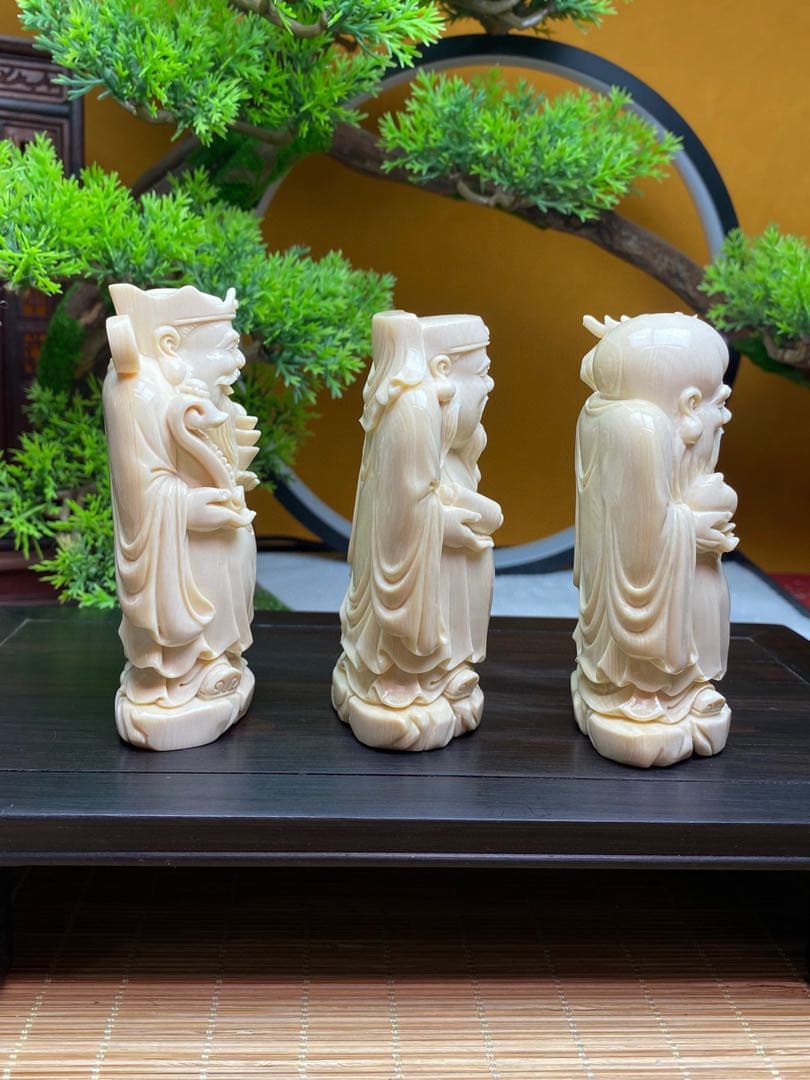 天然マンモス牙美しい手作り彫刻福禄寿置物