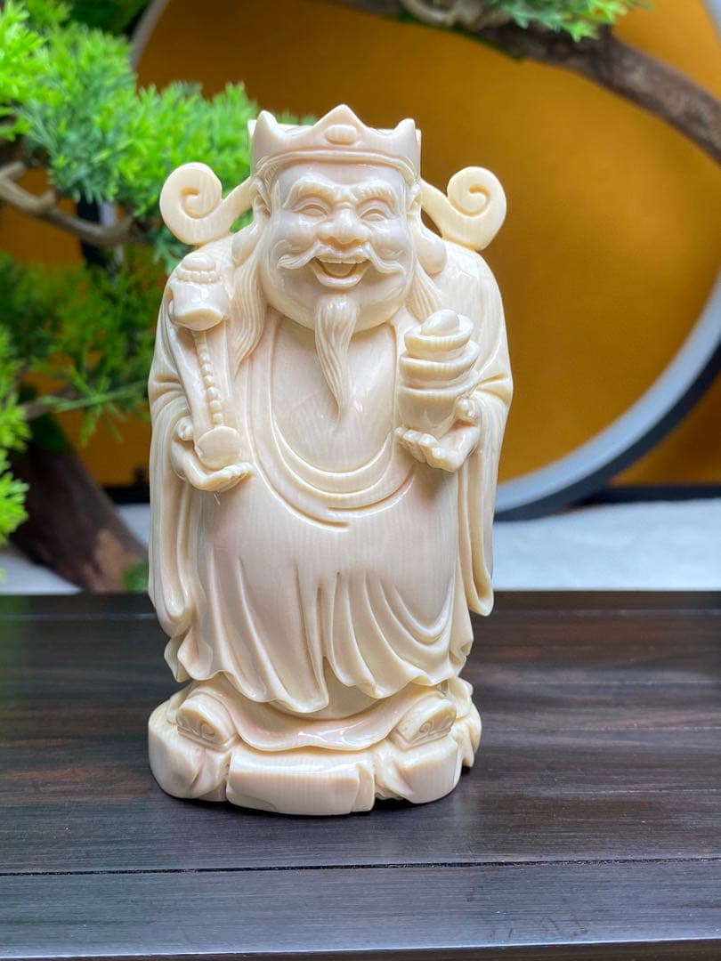 天然マンモス牙美しい手作り彫刻福禄寿置物