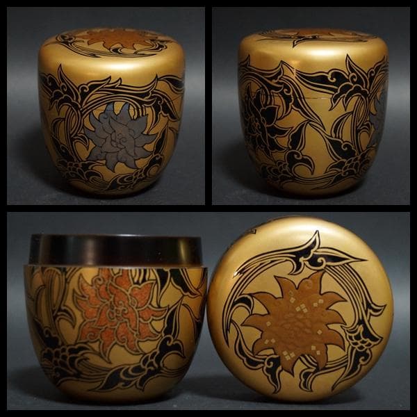 輪島塗 蒔絵師 紫香 (谷内 一則)造 金蒔絵『唐花』棗木製漆塗 共箱★美品