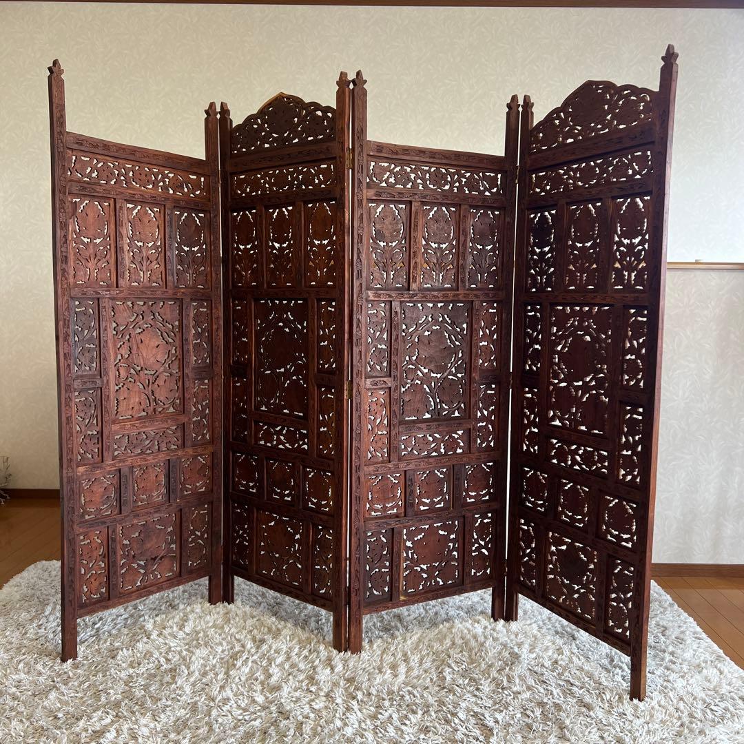 アジアン家具 彫り アンティーク パーテーション 木製 衝立 vintage