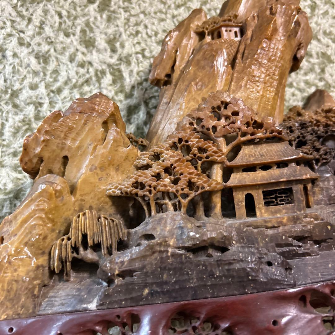中国美術 中国古玩 時代物 古美術品　山水刻石　彫刻置物オブジェ