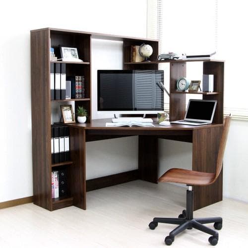 【新品・送料無料】パソコンデスク コーナー ハイタイプ 書棚付き ブラウン 北欧