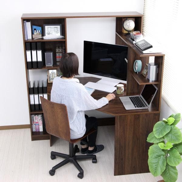 【新品・送料無料】パソコンデスク コーナー ハイタイプ 書棚付き ブラウン 北欧