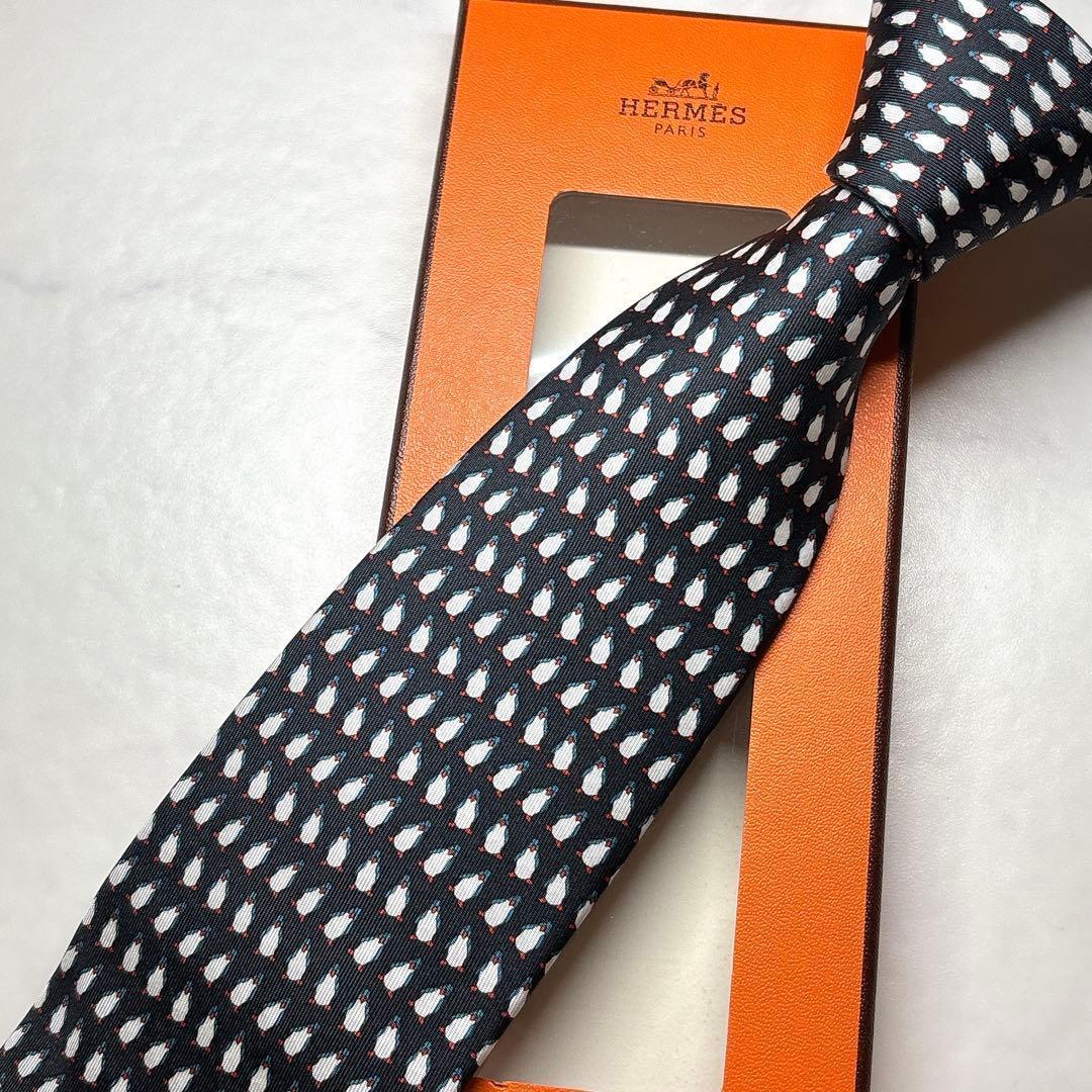 未使用 エルメス ネクタイ ペンギン柄 シルク 箱付き 小紋