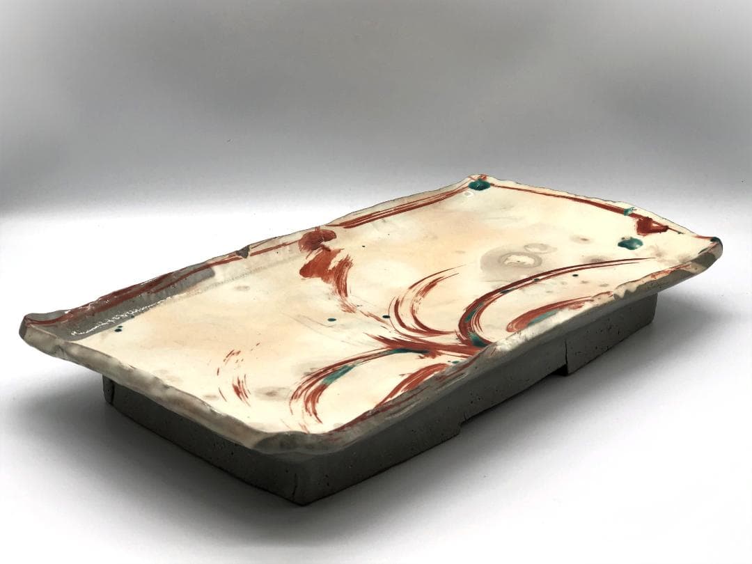 【 古陶磁赤絵 高台角皿 】　厚胎大皿　呉須赤絵/古清水　蔵出骨董