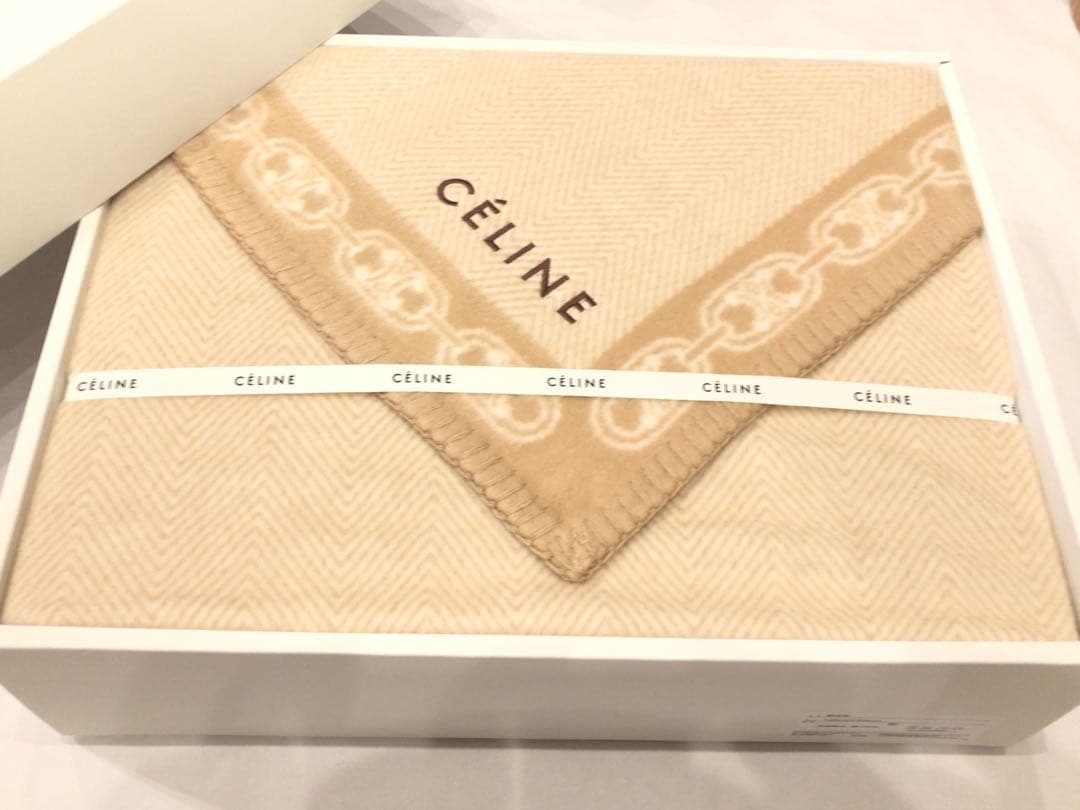 新品　セリーヌ　CELINE 綿毛布　シングル　ロゴ刺繍　マカダムチェーン柄