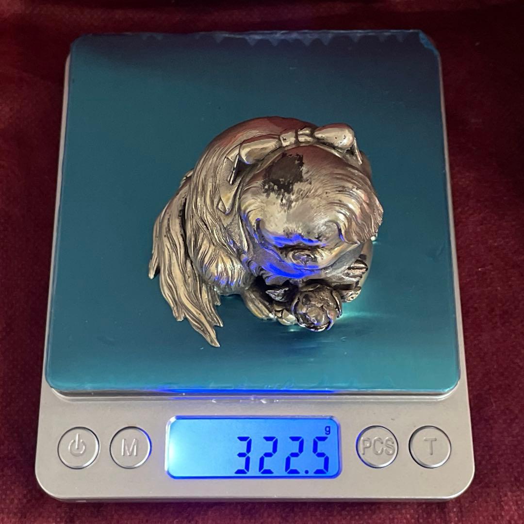 正園 作　狆 （チン）　置物　銀製　桐箱　銀刻印あり 重量:約322.5g