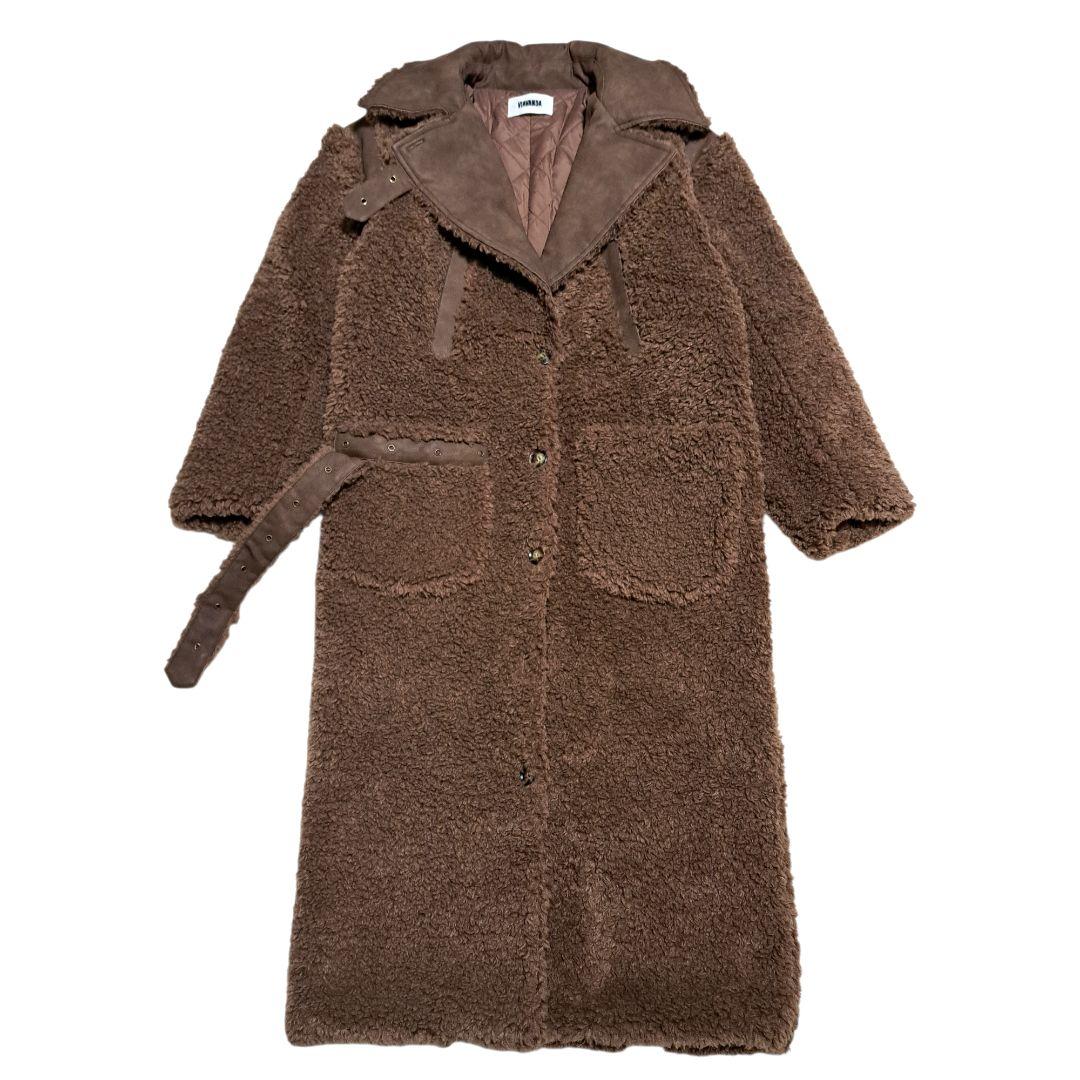 定価5万円　VIAVANDA　ブラウン フリース ロングコート ウエストベルト付