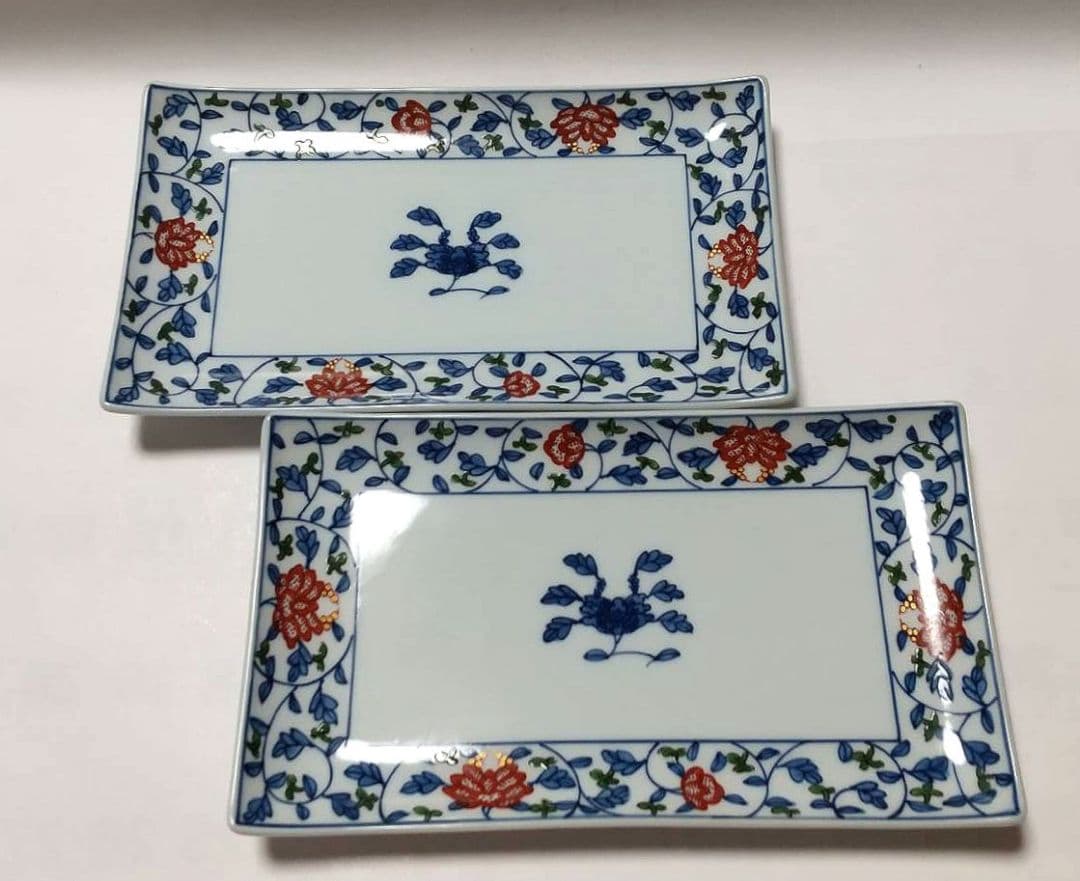 ① 源右衛門窯 染錦 牡丹唐草 長方形 皿 2枚組 未使用品
