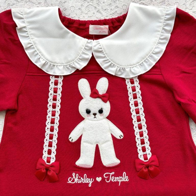 ◆うさぎアップリケロゴ刺繍ワンピース◆長袖◆シャーリーテンプル◆アカ◆ウサギ◆