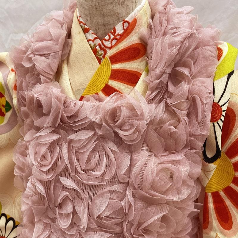 506ag36◎七五三 三歳 女の子 アンティーク着物&被布&長襦袢 花文様◎