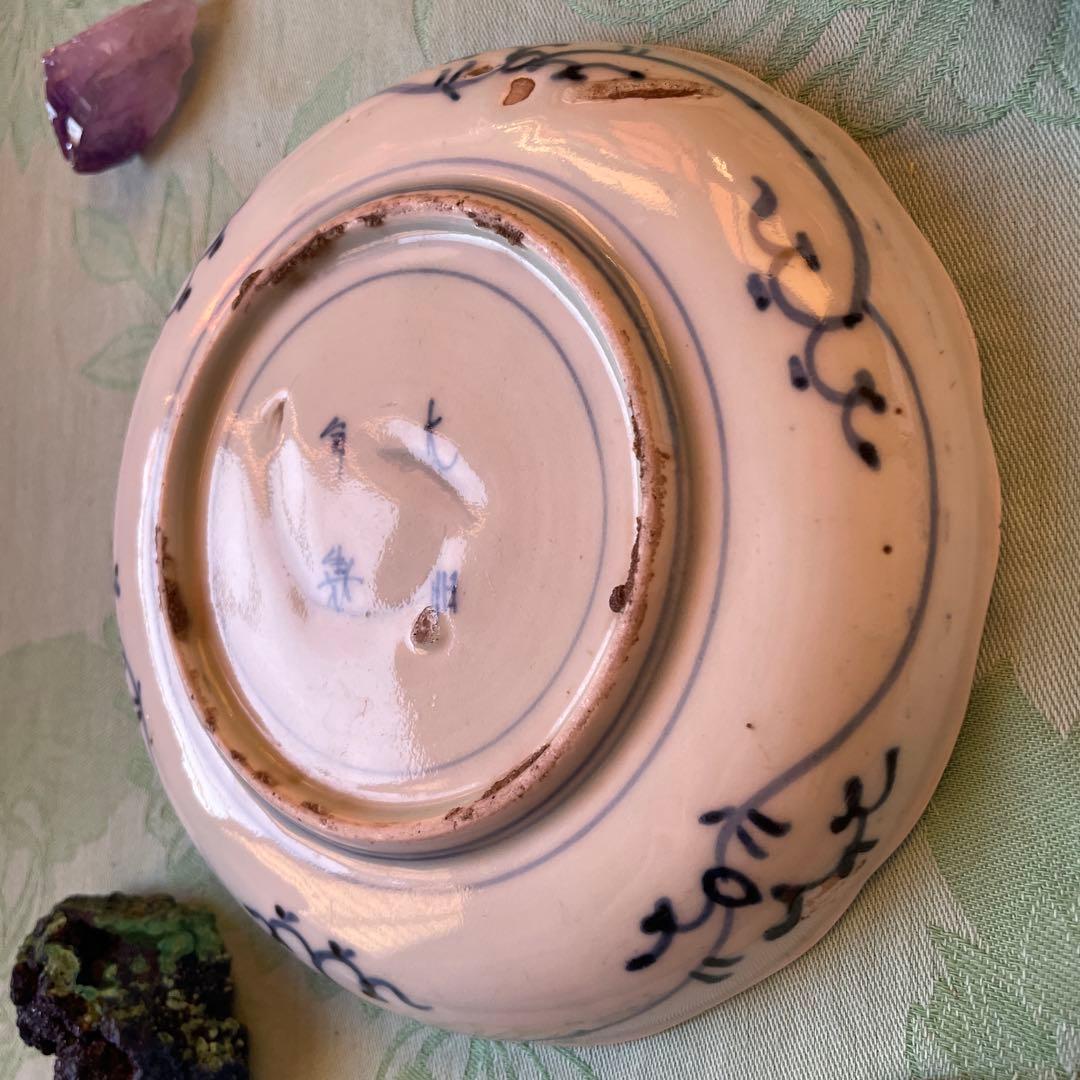 江戸中期　古伊万里　窓絵　染付　輪花型　中皿　7寸皿