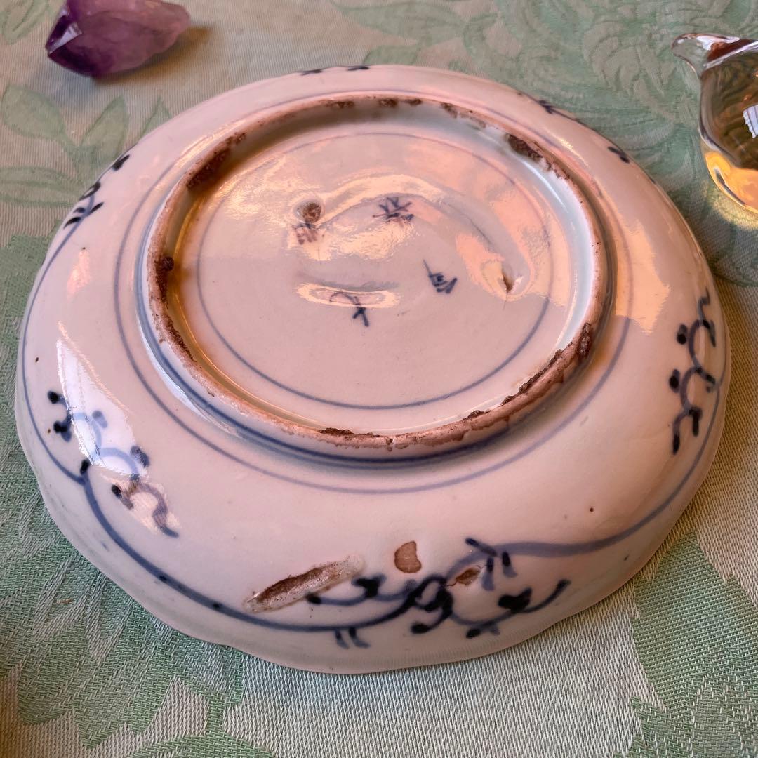 江戸中期　古伊万里　窓絵　染付　輪花型　中皿　7寸皿