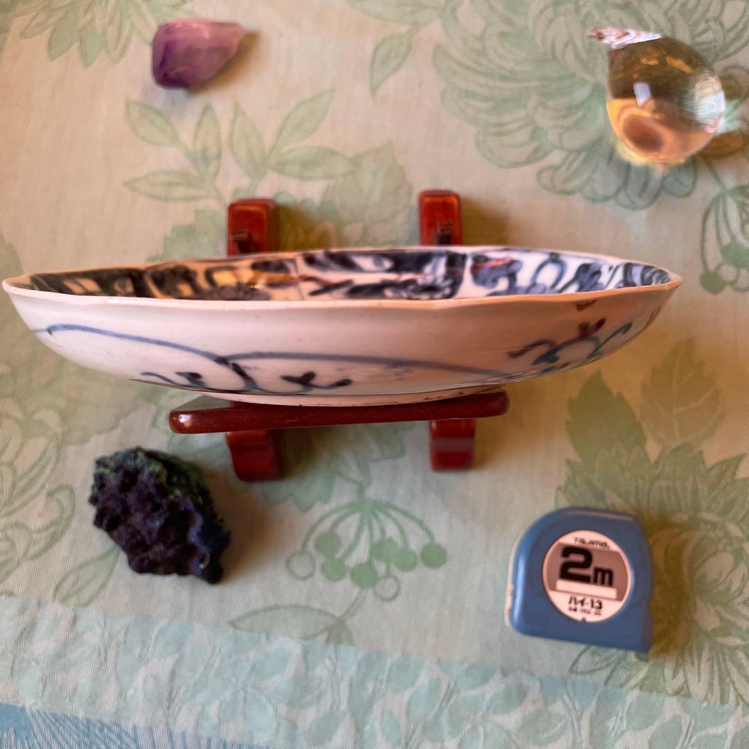 江戸中期　古伊万里　窓絵　染付　輪花型　中皿　7寸皿