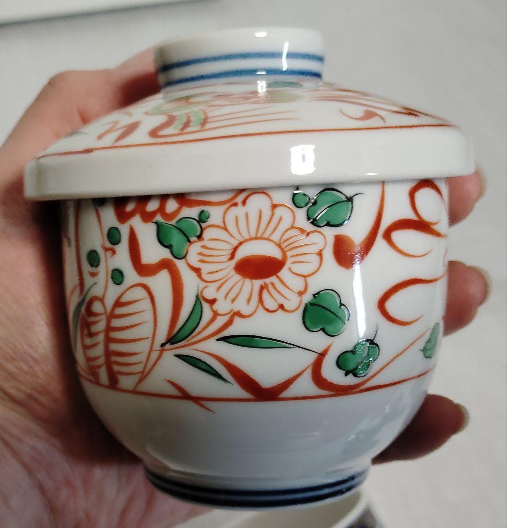 未使用　有田焼　南山窯　絵変わり　蓋付き碗揃　蒸し碗　　5客　茶碗蒸し　色絵