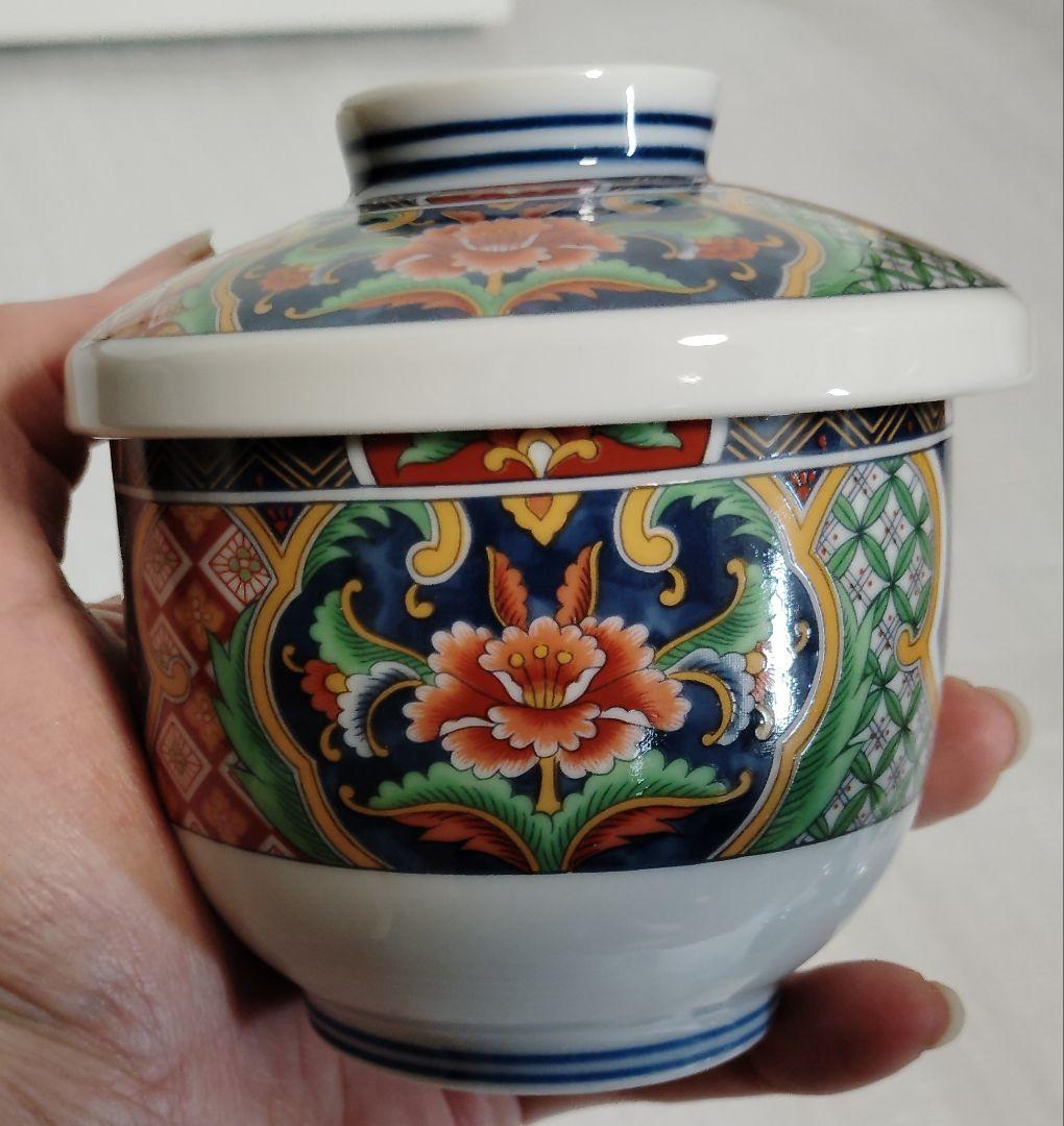 未使用　有田焼　南山窯　絵変わり　蓋付き碗揃　蒸し碗　　5客　茶碗蒸し　色絵