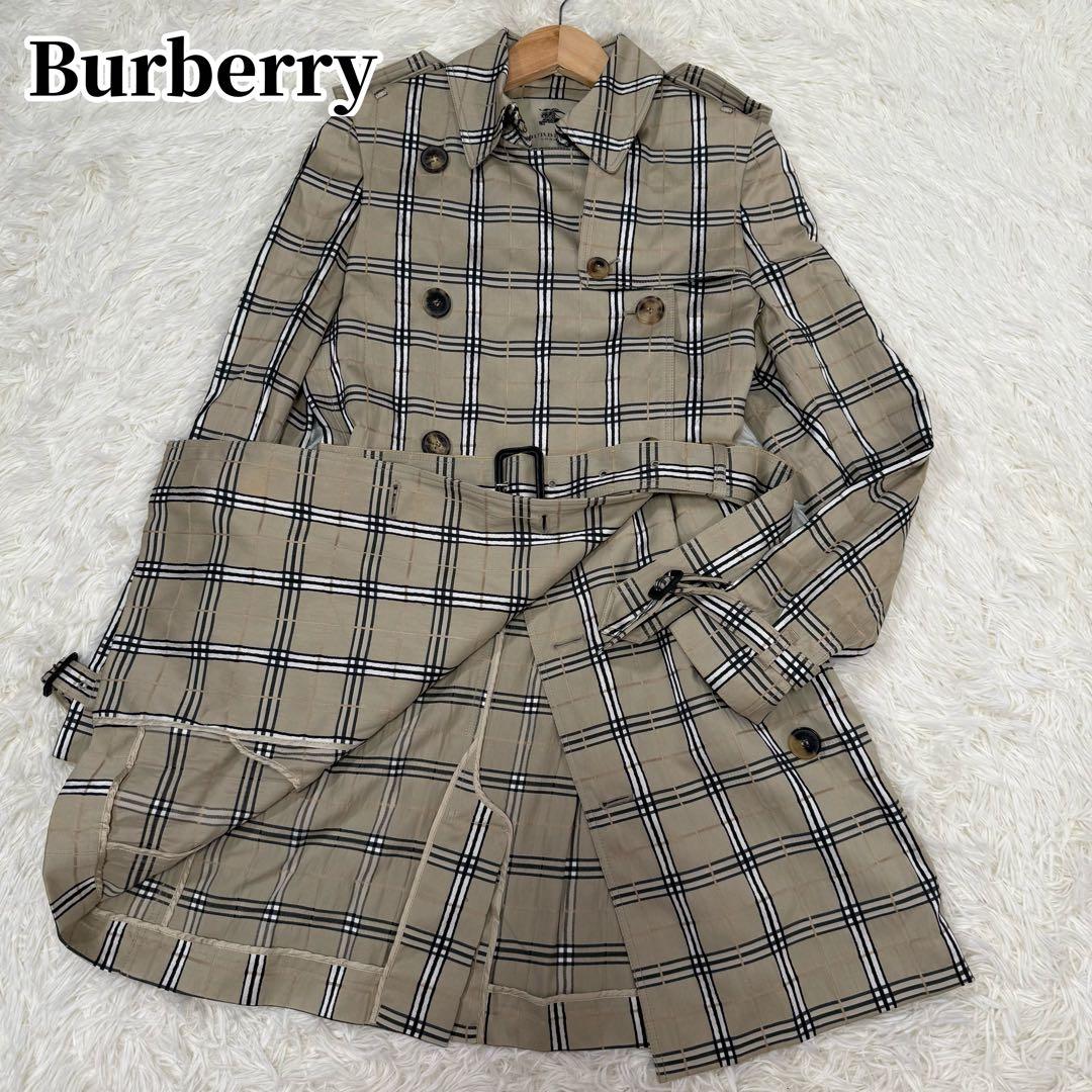 バーバリーロンドン チェック総柄 スプリングコート シルク混 ベルト USA4