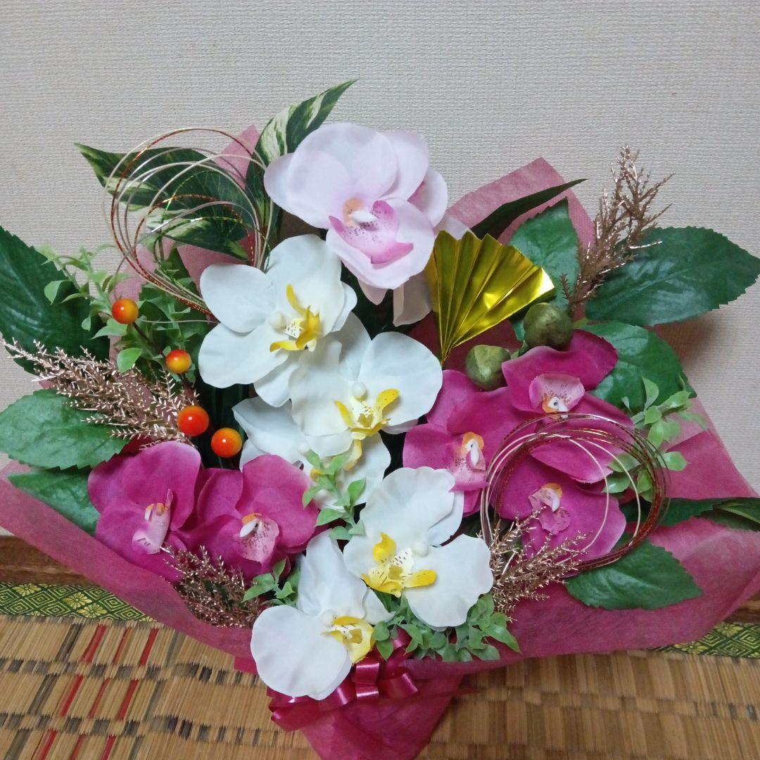 お正月飾り　胡蝶蘭ピンク　白　水引　造花アレンジメント